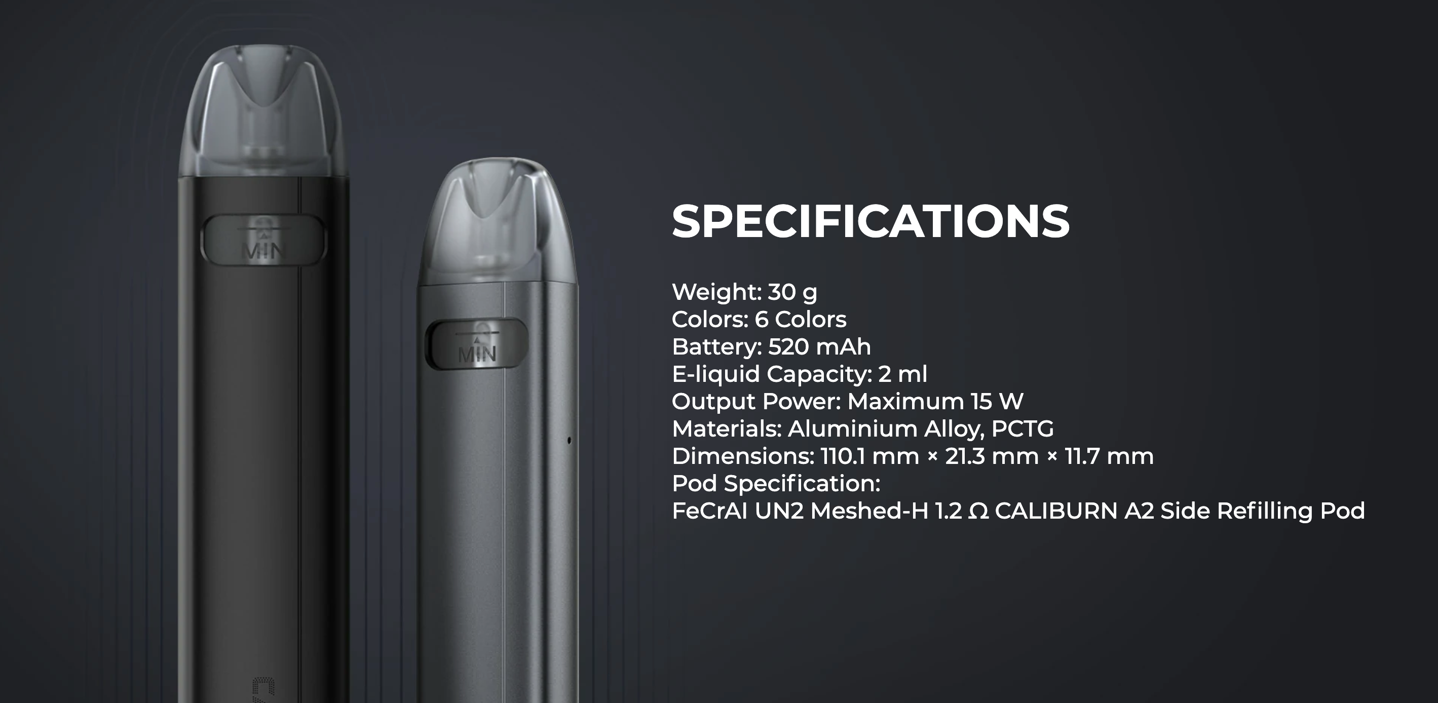 Uwell Caliburn A2S Pod Mod teknik özellikleri ve renk seçenekleri.